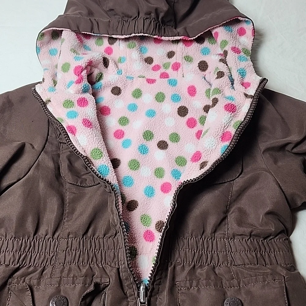 OshKosh B'gosh Brown Kids Jacket with Pink Polka Dot Lining Size 4T Reversible